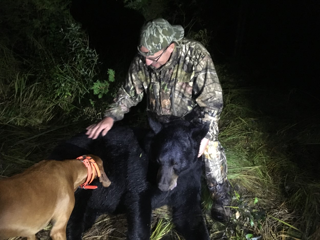 man at night posing with black bear kill and hunting hound