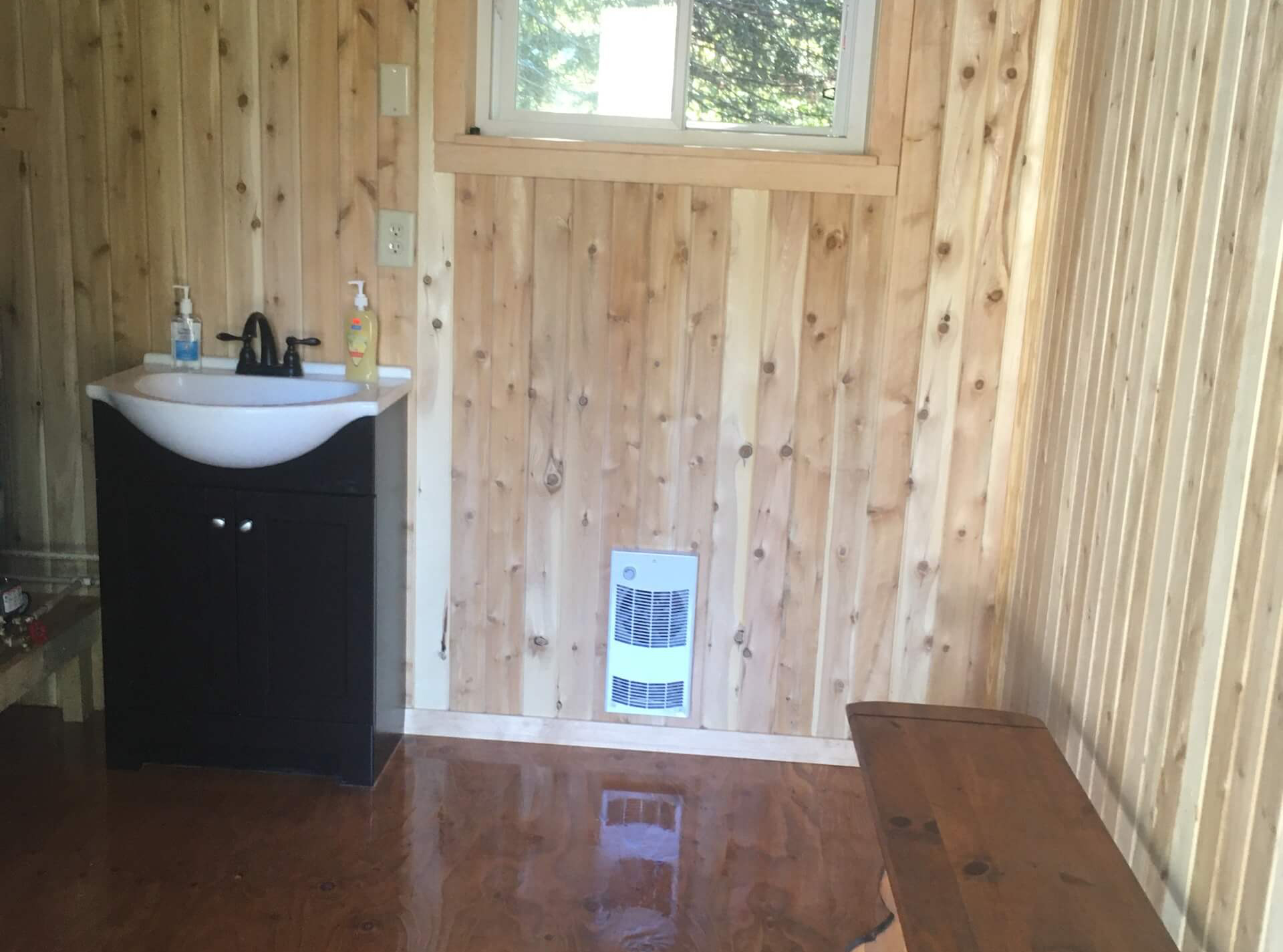 bathroom of wooden hunting lodge
