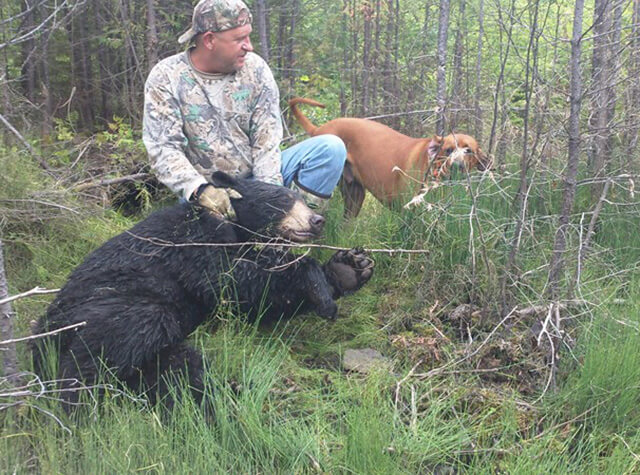 young girl posing with killed black bear cub